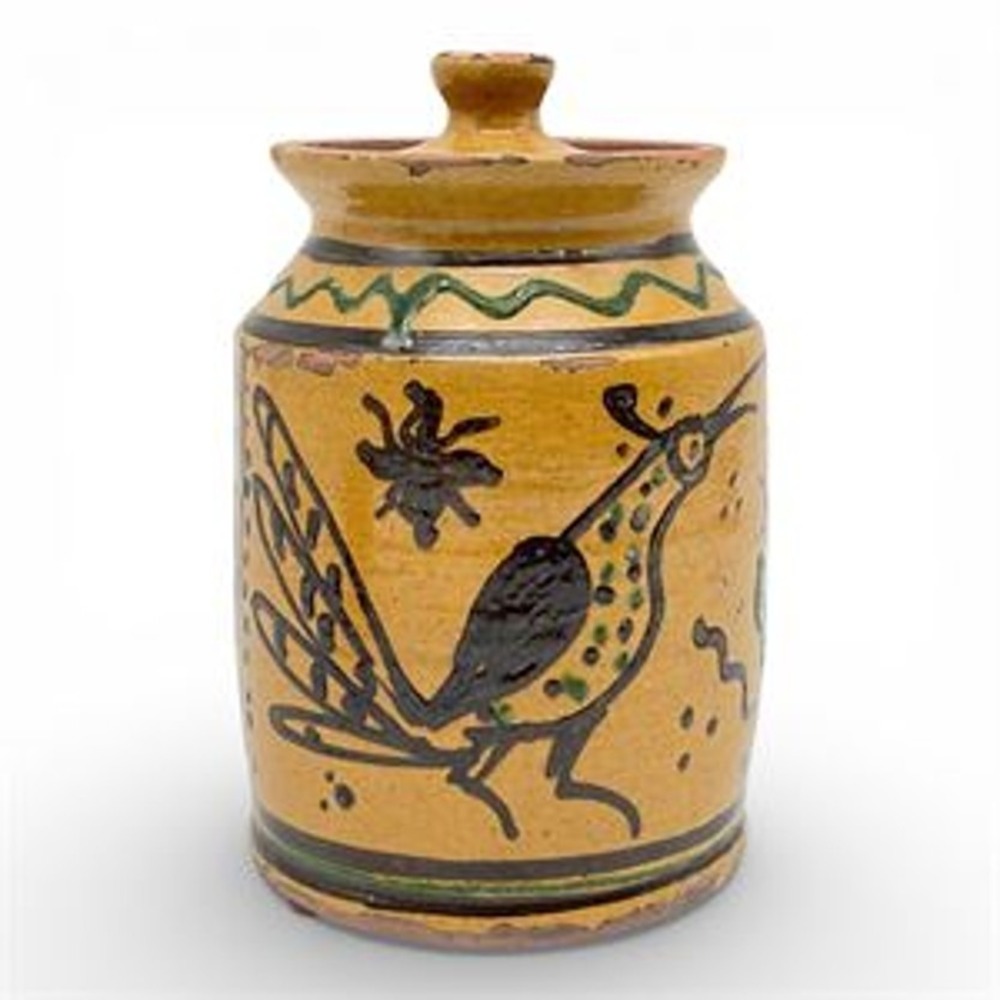Shooner Redware Pottery Lead Glazed Lidded Jar Signed Greg Shooner 1996 Bird